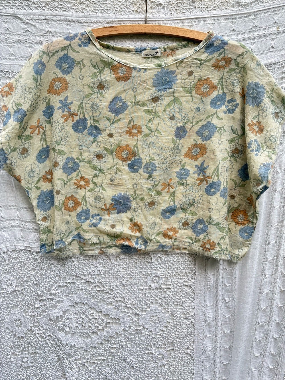 Vintage-Inspired Floral Crop Top in Blue & Tan Linen Blend Sheer XL
